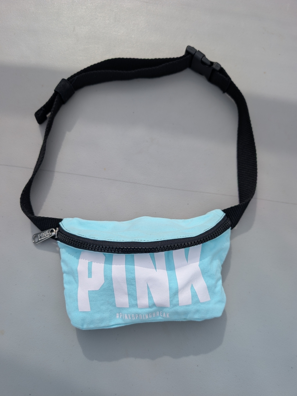 PINK Victoria's Secret Sky Blue Logo Belt Bag with Black Strap